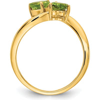 14K Yellow Gold Bypass Ring with Two 5mm Heart-Shaped Peridots - 0.48 Carat Total Gem Weight by Monteluci Fine Jewelry