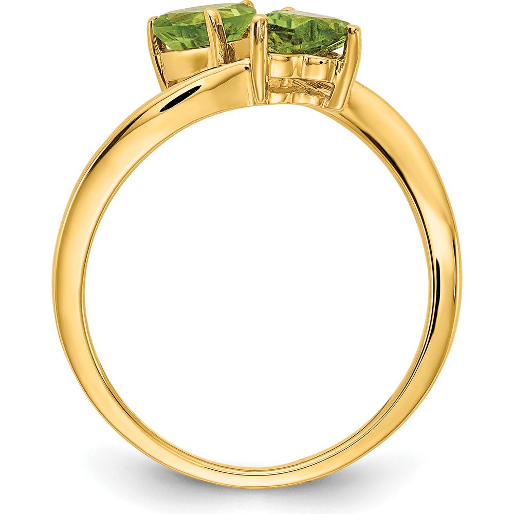 14K Yellow Gold Bypass Ring with Two 5mm Heart-Shaped Peridots - 0.48 Carat Total Gem Weight by Monteluci Fine Jewelry