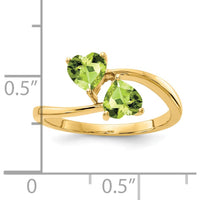 14K Yellow Gold Bypass Ring with Two 5mm Heart-Shaped Peridots - 0.48 Carat Total Gem Weight by Monteluci Fine Jewelry