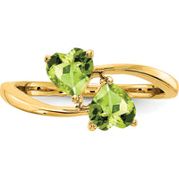 14K Yellow Gold Bypass Ring with Two 5mm Heart-Shaped Peridots - 0.48 Carat Total Gem Weight by Monteluci Fine Jewelry