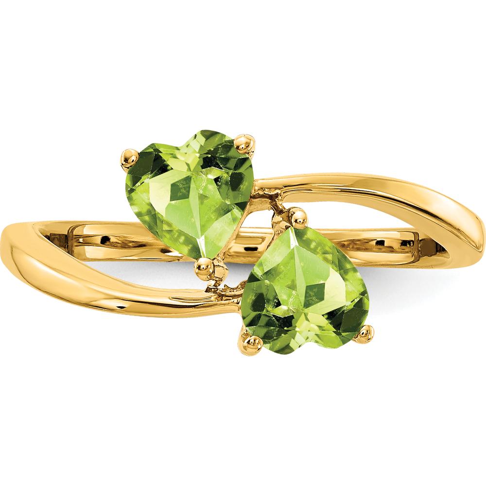 14K Yellow Gold Bypass Ring with Two 5mm Heart-Shaped Peridots - 0.48 Carat Total Gem Weight by Monteluci Fine Jewelry