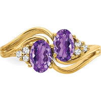 14K Yellow Gold Bypass Ring with Two 6x4mm Oval Amethysts and Diamond Accents - 0.42 Carat Total Gem Weight by Monteluci Fine Jewelry