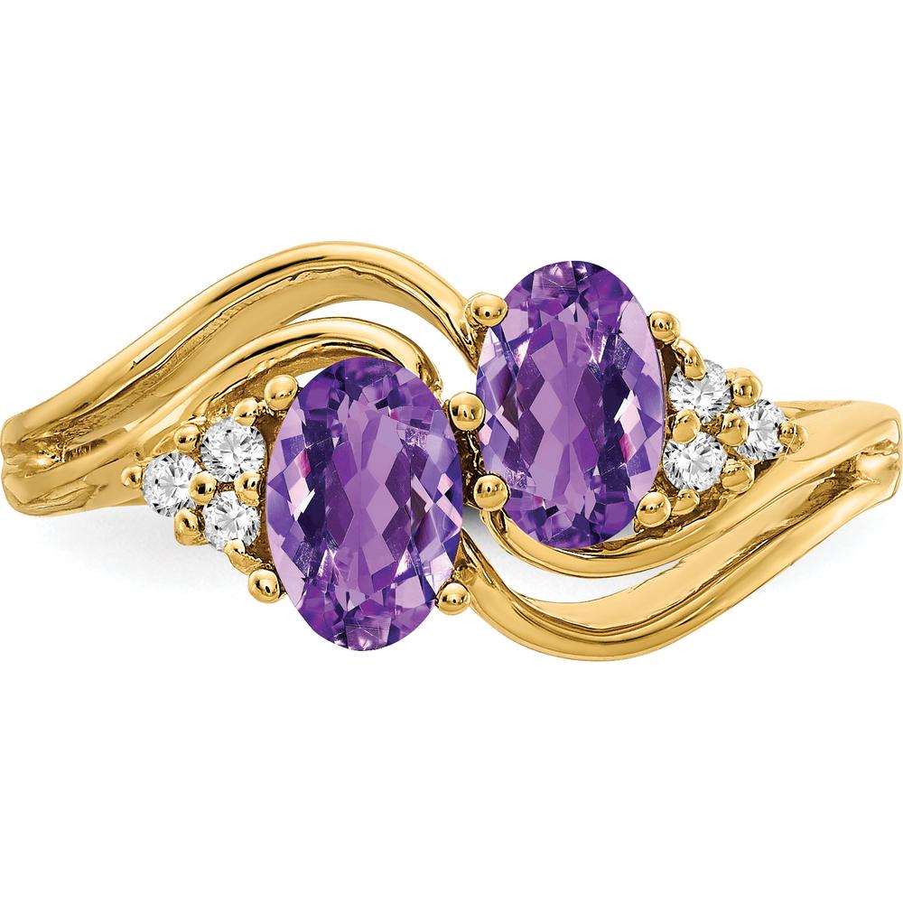 14K Yellow Gold Bypass Ring with Two 6x4mm Oval Amethysts and Diamond Accents - 0.42 Carat Total Gem Weight by Monteluci Fine Jewelry