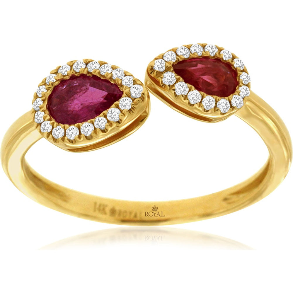 14K Yellow Gold Bypass Ring with Two Pear-Shaped Rubies and Diamond Halos - 0.70 Carat Ruby Total Weight and 0.12 Carat Diamond Total Weight - Royal Jewelry