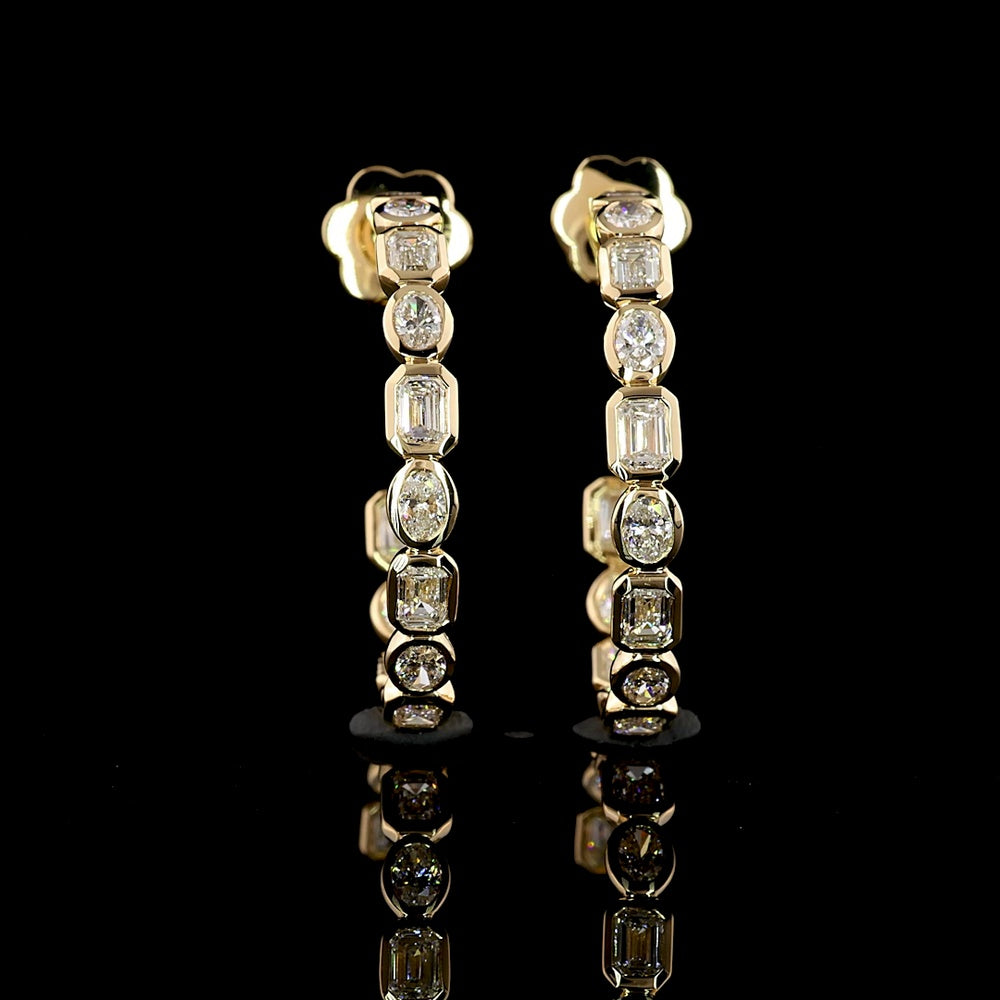 14K Yellow Gold C Hoop Earrings with Alternating Emerald Cut and Oval Cut Lab Diamonds - 2.78 Carat Total Weight - Covaloro Fine Jewelry