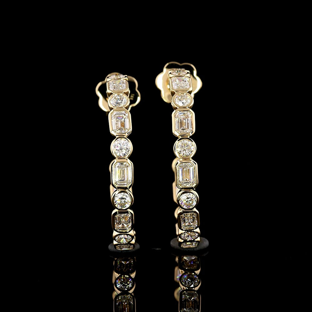 14K Yellow Gold C-Hoop Earrings with Alternating Emerald Cut and Round Brilliant Lab Diamonds - 4.05 Carat Total Diamond Weight, E-F Color, VS1 Clarity, Bezel Set in East-West Orientation - Covaloro Fine Jewelry