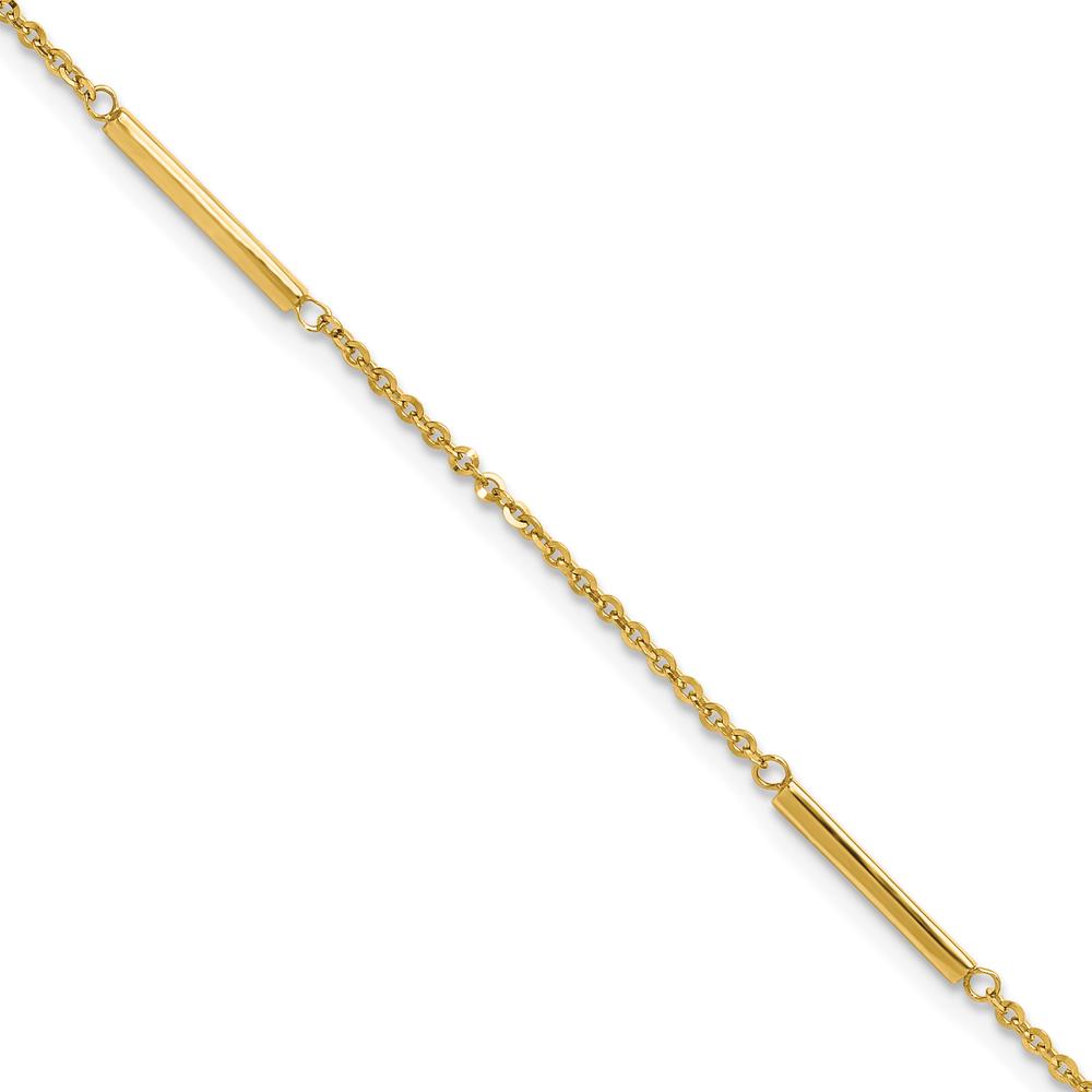 14K Yellow Gold Cable Chain and Bar 3-Station Anklet with 1" Extender - 10" Total Length