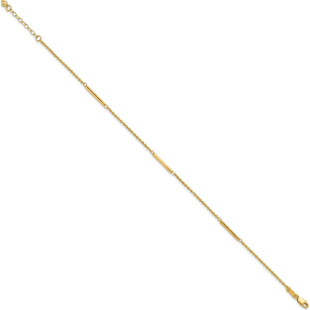 14K Yellow Gold Cable Chain and Bar 3-Station Anklet with 1" Extender - 10" Total Length