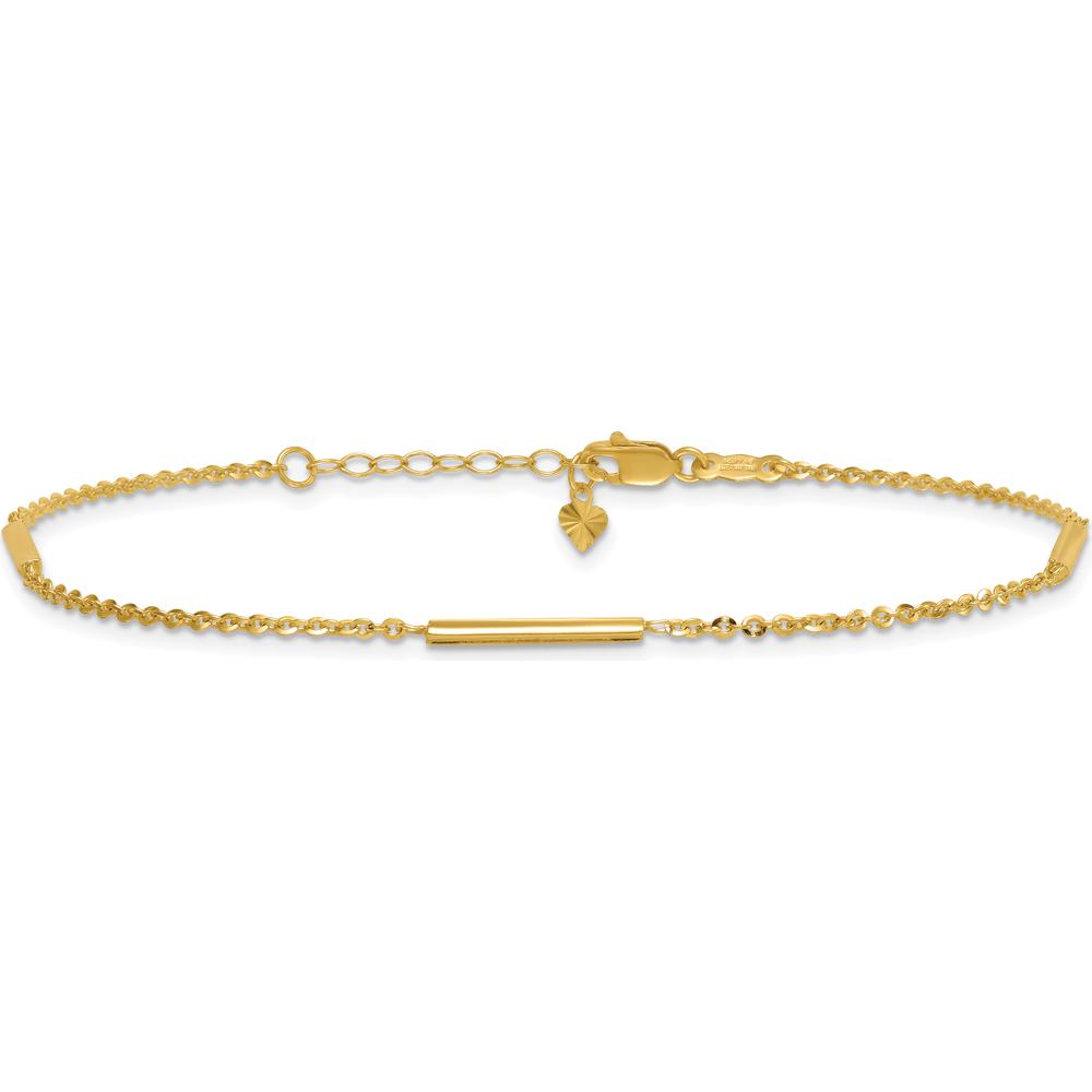 14K Yellow Gold Cable Chain and Bar 3-Station Anklet with 1" Extender - 10" Total Length