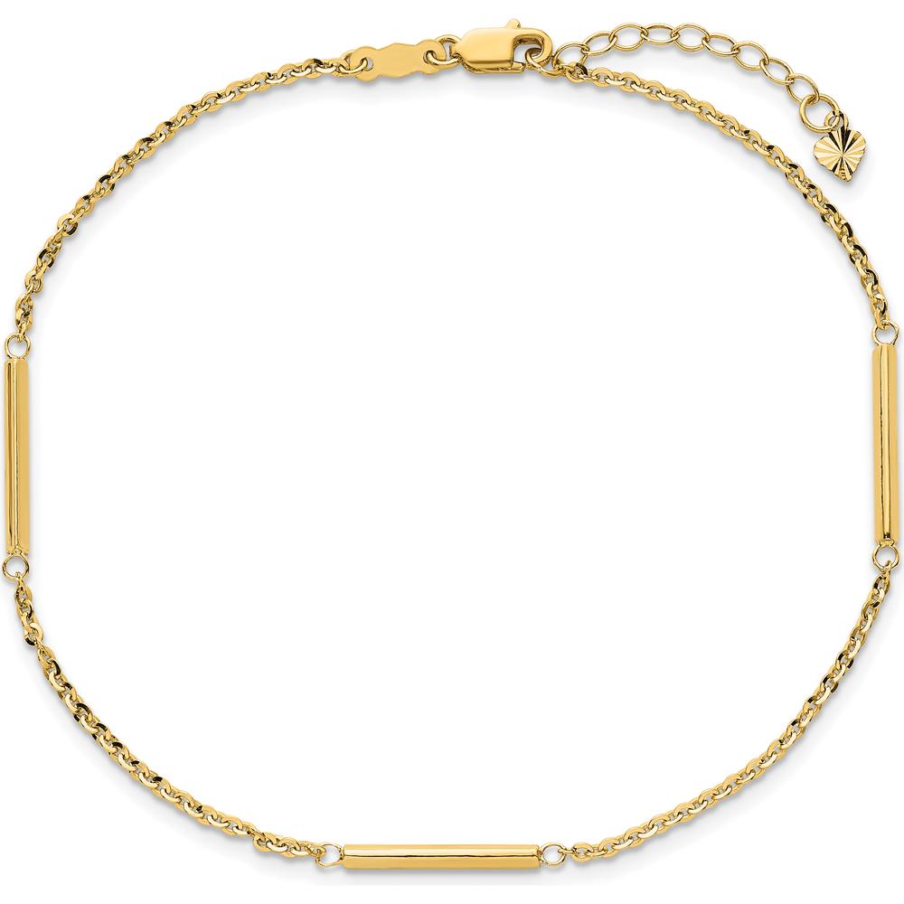14K Yellow Gold Cable Chain and Bar 3-Station Anklet with 1" Extender - 10" Total Length