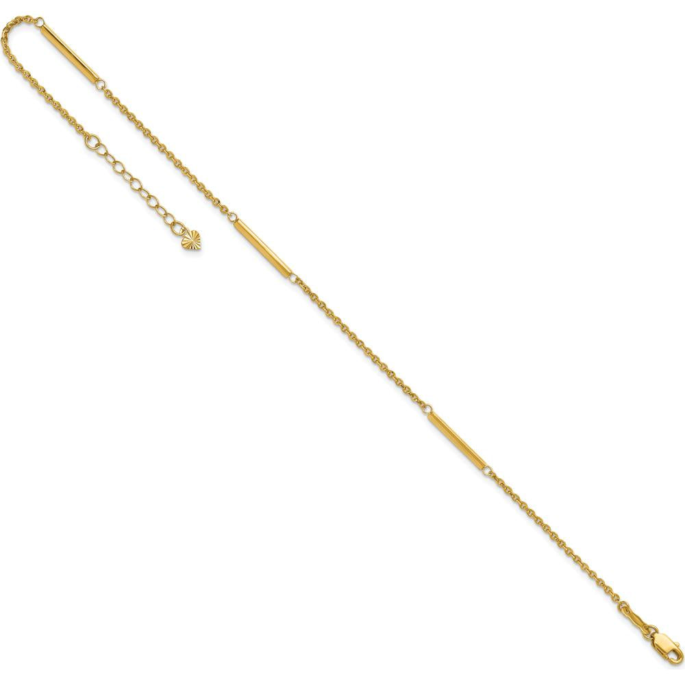 14K Yellow Gold Cable Chain and Bar 3-Station Anklet with 1" Extender - 10" Total Length