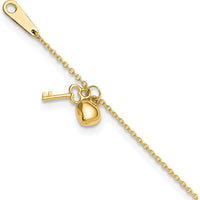 14K Yellow Gold Cable Chain Anklet with Puffed Heart and Key Dangle - Adjustable 10" Length