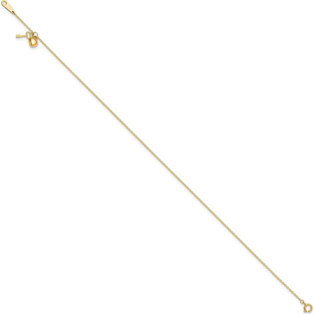 14K Yellow Gold Cable Chain Anklet with Puffed Heart and Key Dangle - Adjustable 10" Length