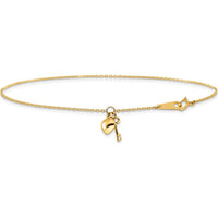 14K Yellow Gold Cable Chain Anklet with Puffed Heart and Key Dangle - Adjustable 10" Length