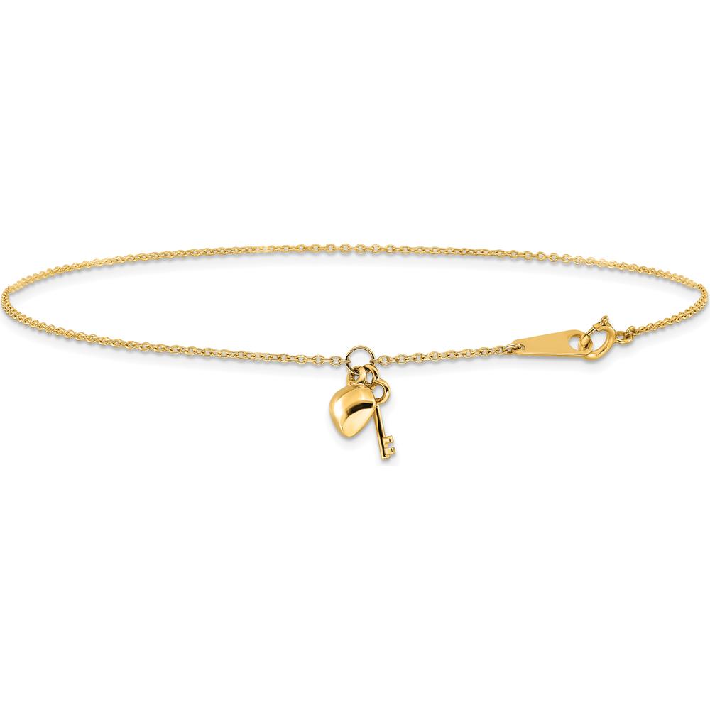 14K Yellow Gold Cable Chain Anklet with Puffed Heart and Key Dangle - Adjustable 10" Length
