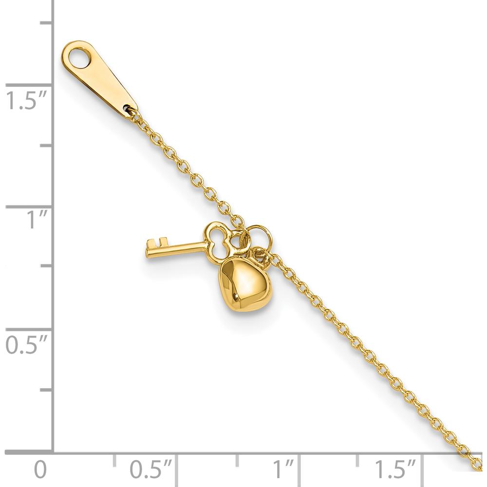 14K Yellow Gold Cable Chain Anklet with Puffed Heart and Key Dangle - Adjustable 10" Length