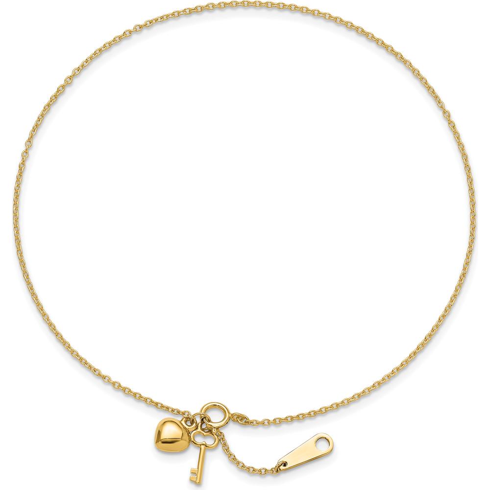 14K Yellow Gold Cable Chain Anklet with Puffed Heart and Key Dangle - Adjustable 10" Length