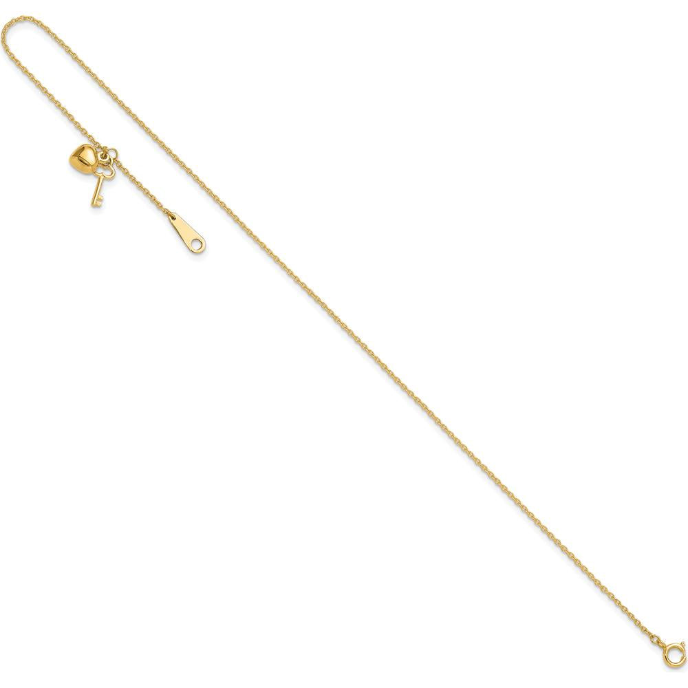 14K Yellow Gold Cable Chain Anklet with Puffed Heart and Key Dangle - Adjustable 10" Length