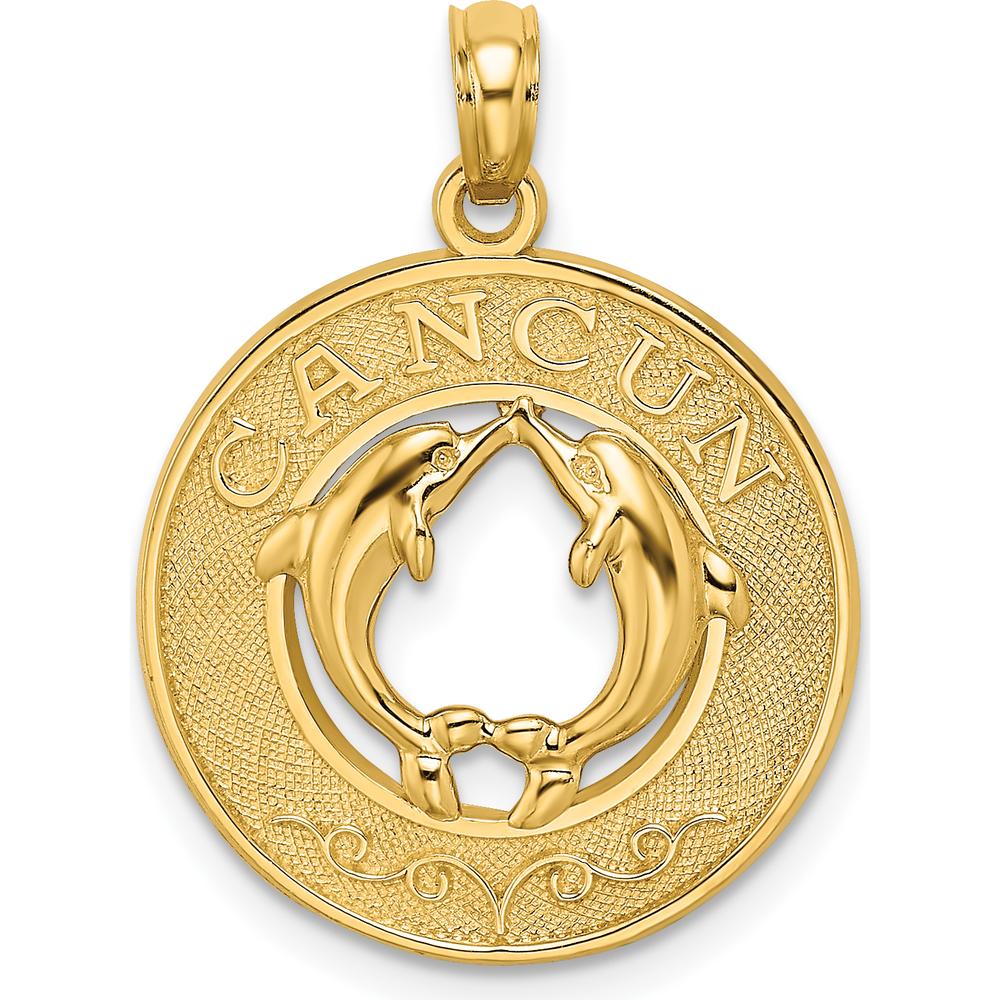 14K Yellow Gold Cancun Dolphins Circle Charm Pendant by Oro Pregiato
