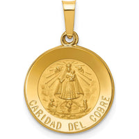 14K Yellow Gold Caridad Del Cobre Round Medal Pendant with Polished and Satin Finish - Hollow Design by Oro Pregiato
