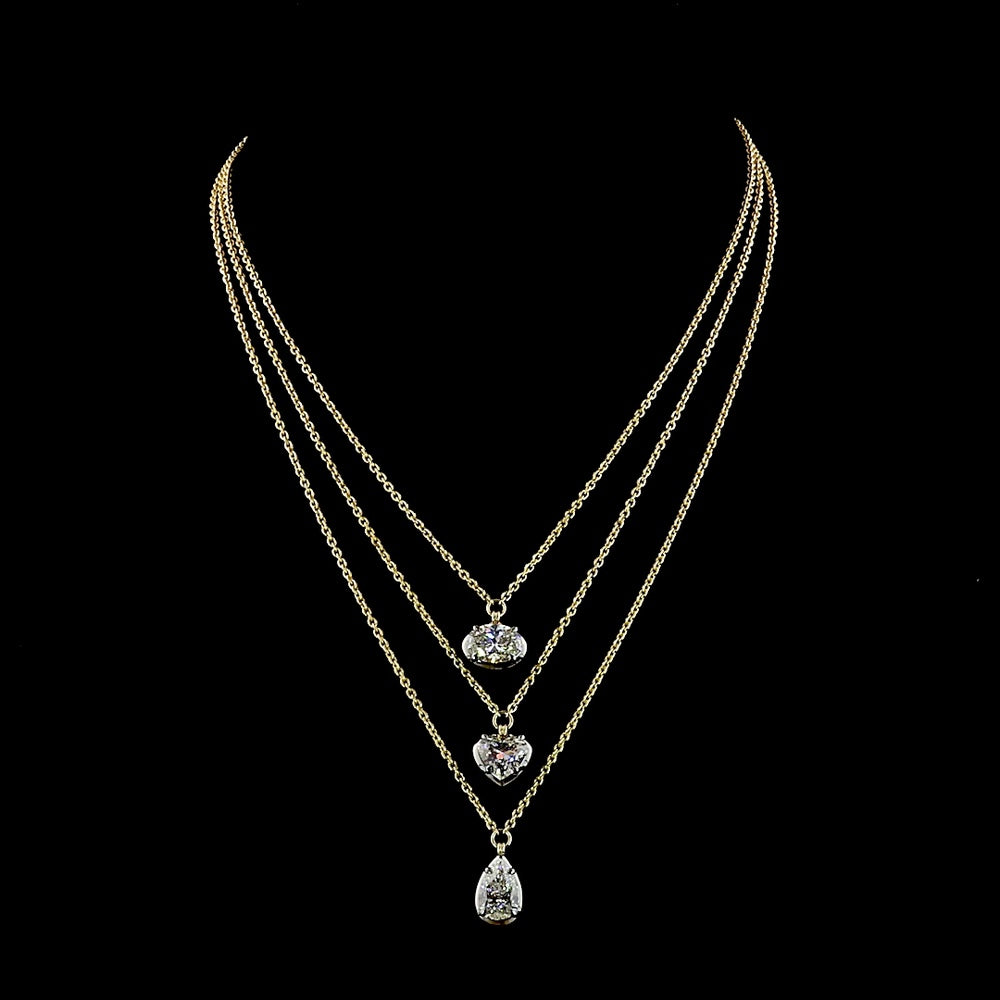 14K Yellow Gold Cascade Layered Pendant with Oval, Heart, and Pear Shaped Lab Diamonds - 6.15 Carat Total Diamond Weight - Covaloro Fine Jewelry