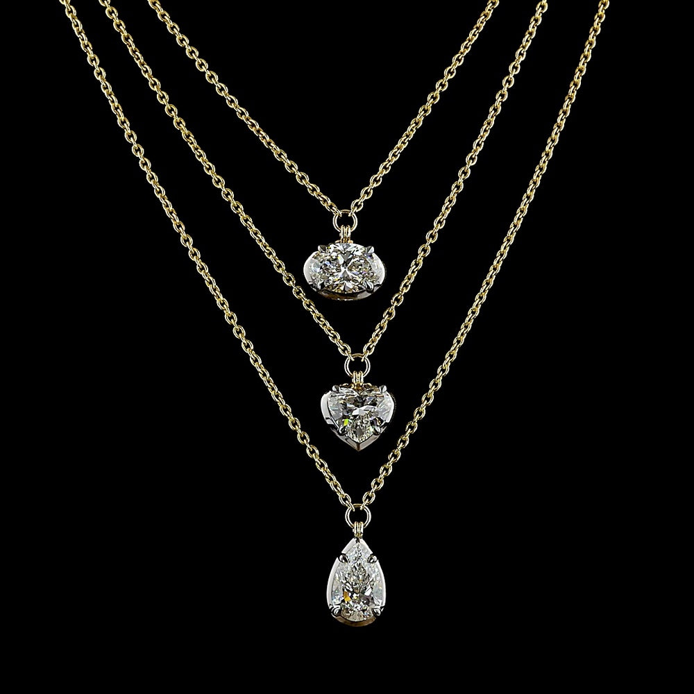 14K Yellow Gold Cascade Layered Pendant with Oval, Heart, and Pear Shaped Lab Diamonds - 6.15 Carat Total Diamond Weight - Covaloro Fine Jewelry