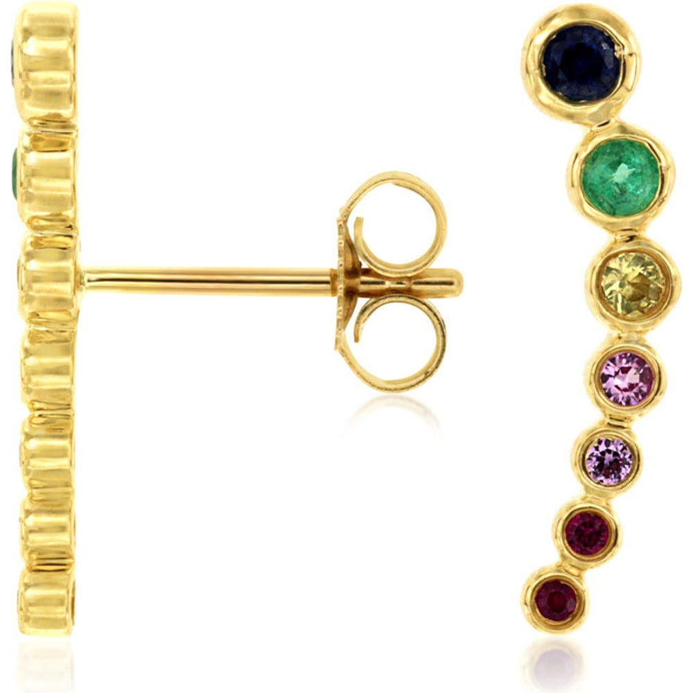 14K Yellow Gold Cascading Mixed Color Sapphire Stud Earrings with Bezel Set Round Gemstones - 0.37 Carat Total Sapphire Weight - Royal Jewelry