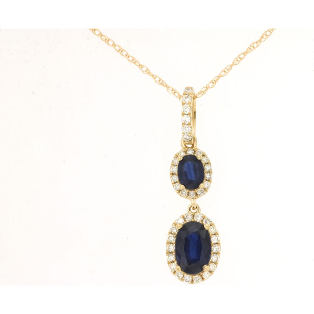 14K Yellow Gold Cascading Oval Sapphire Pendant with Double Halo Diamond Accents - 0.90 Carat Sapphire, 0.14 Carat Diamond Total Weight - Royal Jewelry
