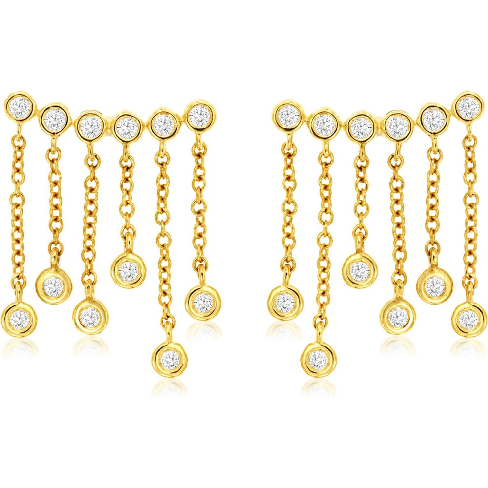14K Yellow Gold Cascading Waterfall Chandelier Earrings with Bezel-Set Round Diamonds - 0.40 Carat Total Diamond Weight - Royal Jewelry
