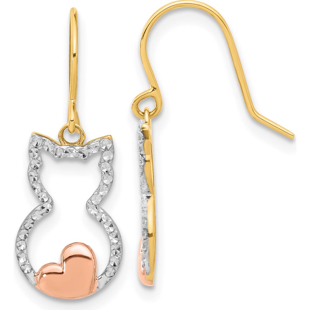 14K Yellow Gold Cat Outline Diamond-Cut Dangle Earrings with Rose-Tone Heart Accent - 1.00 Carat Total Diamond Weight by 0