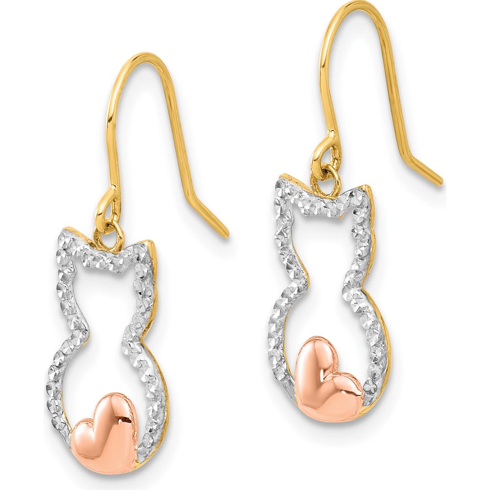 14K Yellow Gold Cat Outline Diamond-Cut Dangle Earrings with Rose-Tone Heart Accent - 1.00 Carat Total Diamond Weight by 0