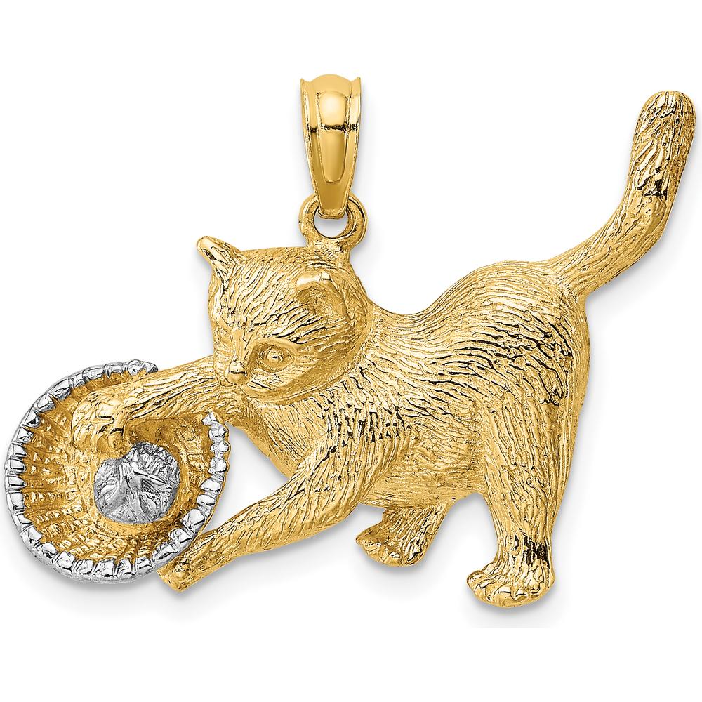14K Yellow Gold Cat Playing with Yarn in Basket Charm with White Rhodium Accents - 26.3mm Length by Oro Pregiato