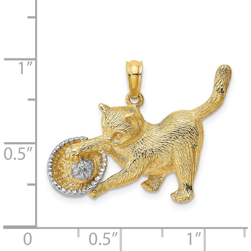 14K Yellow Gold Cat Playing with Yarn in Basket Charm with White Rhodium Accents - 26.3mm Length by Oro Pregiato