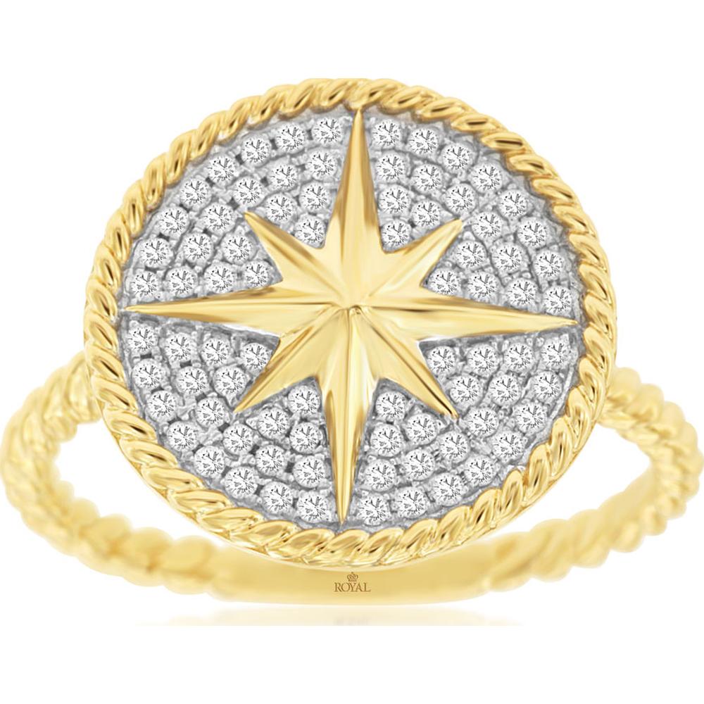 14K Yellow Gold Celestial Compass Ring with Twisted Rope Detail and Pavé Set Round Diamonds - 0.28 Carat Total Diamond Weight - Royal Jewelry