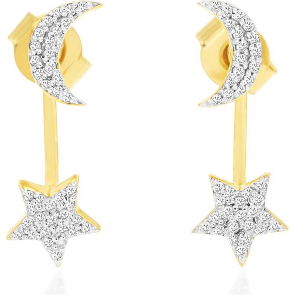 14K Yellow Gold Celestial Drop Earrings with Pavé Round Diamonds in Crescent Moon and Star Motifs - 0.22 Carat Total Diamond Weight - Royal Jewelry