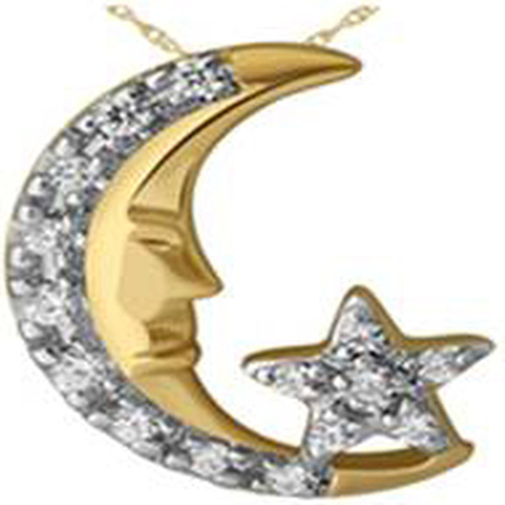 14K Yellow Gold Celestial Pendant with Diamond Accented Crescent Moon and Star Charm - 0.05 Carat Total Diamond Weight - Royal Jewelry