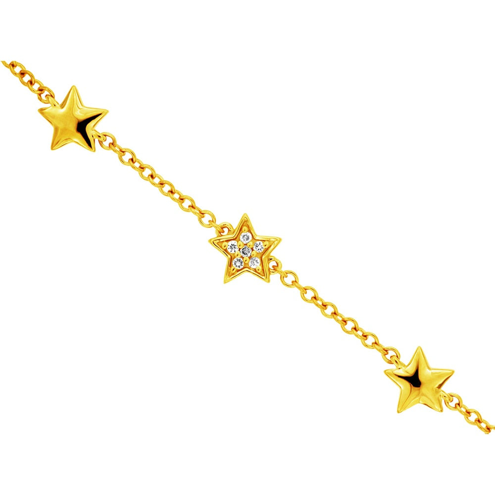 14K Yellow Gold Celestial Station Bracelet with Star Motif and Round Diamond Accents - 0.11 Carat Total Diamond Weight - Royal Jewelry
