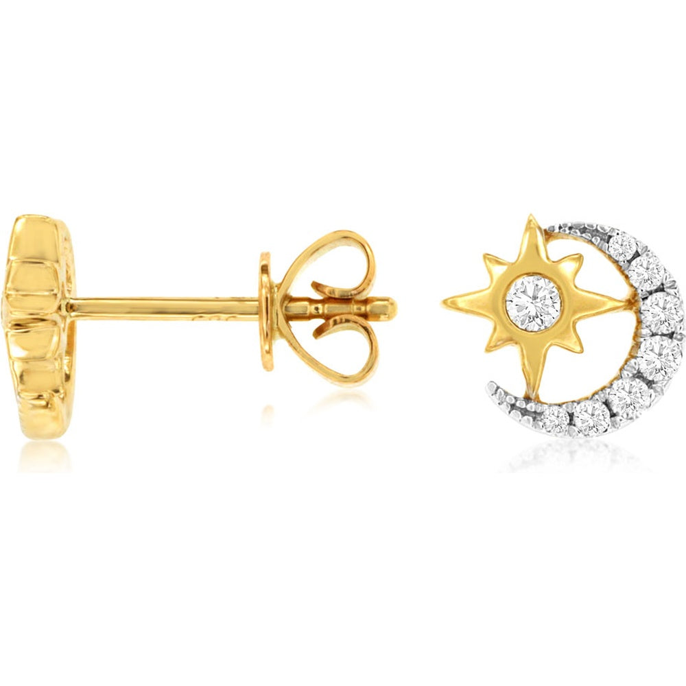 14K Yellow Gold Celestial Sun and Moon Stud Earrings with Prong-Set Round Diamonds - 0.18 Carat Total Diamond Weight - Royal Jewelry