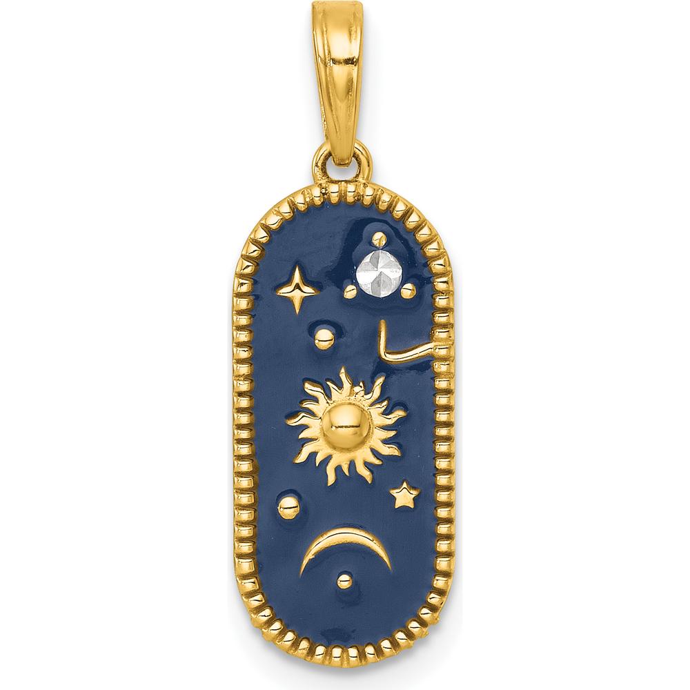 14K Yellow Gold Celestial Sun Moon and Stars Pendant with Blue Enamel by Oro Pregiato