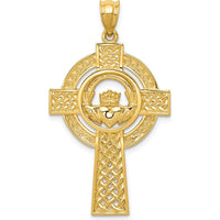 14K Yellow Gold Celtic Claddagh Cross Pendant with Intricate Knotwork and Heart Symbol by Oro Pregiato