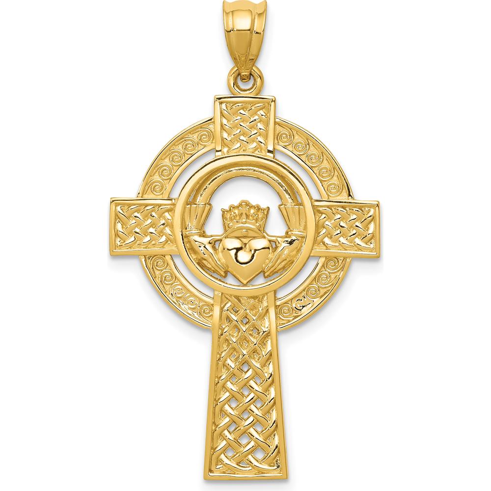 14K Yellow Gold Celtic Claddagh Cross Pendant with Intricate Knotwork and Heart Symbol by Oro Pregiato