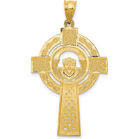14K Yellow Gold Celtic Claddagh Cross Pendant with Intricate Knotwork and Heart Symbol by Oro Pregiato