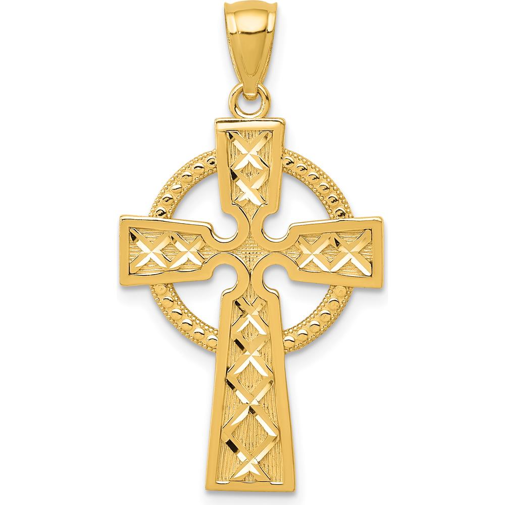14K Yellow Gold Celtic Cross Pendant with Diamond-Cut Texture - 32mm Length by Oro Pregiato