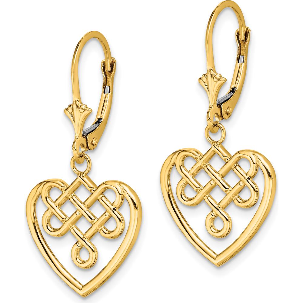14K Yellow Gold Celtic Knot Heart Leverback Drop Earrings by 0
