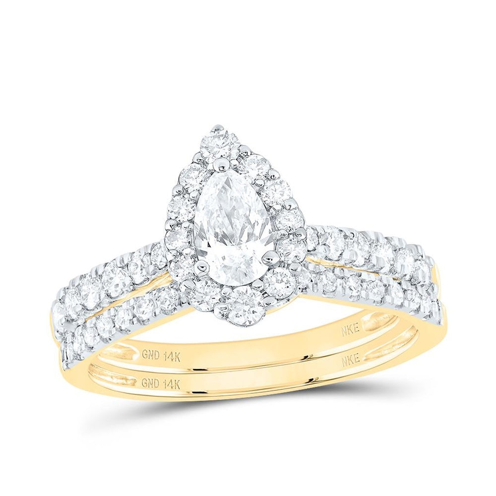 14K Yellow Gold Certified Pear Diamond Halo Bridal Ring Set with Round Diamonds - 1 Carat Total Gemstone Weight