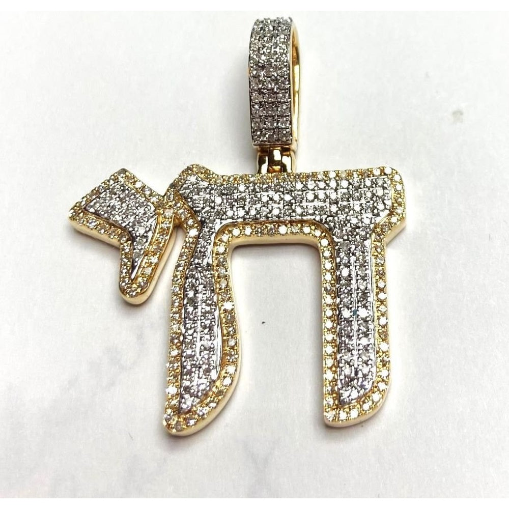 14K Yellow Gold Chai Pendant with Prong Set Round Diamonds - 0.88 Carat Total Diamond Weight by Auriventus