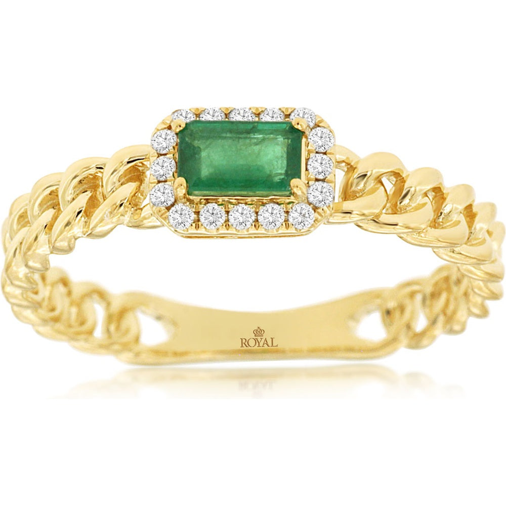 14K Yellow Gold Chain-Link Halo Ring with Rectangular Emerald and Round Diamonds - 0.28 Carat Emerald and 0.07 Carat Diamond Total Weight - Royal Jewelry