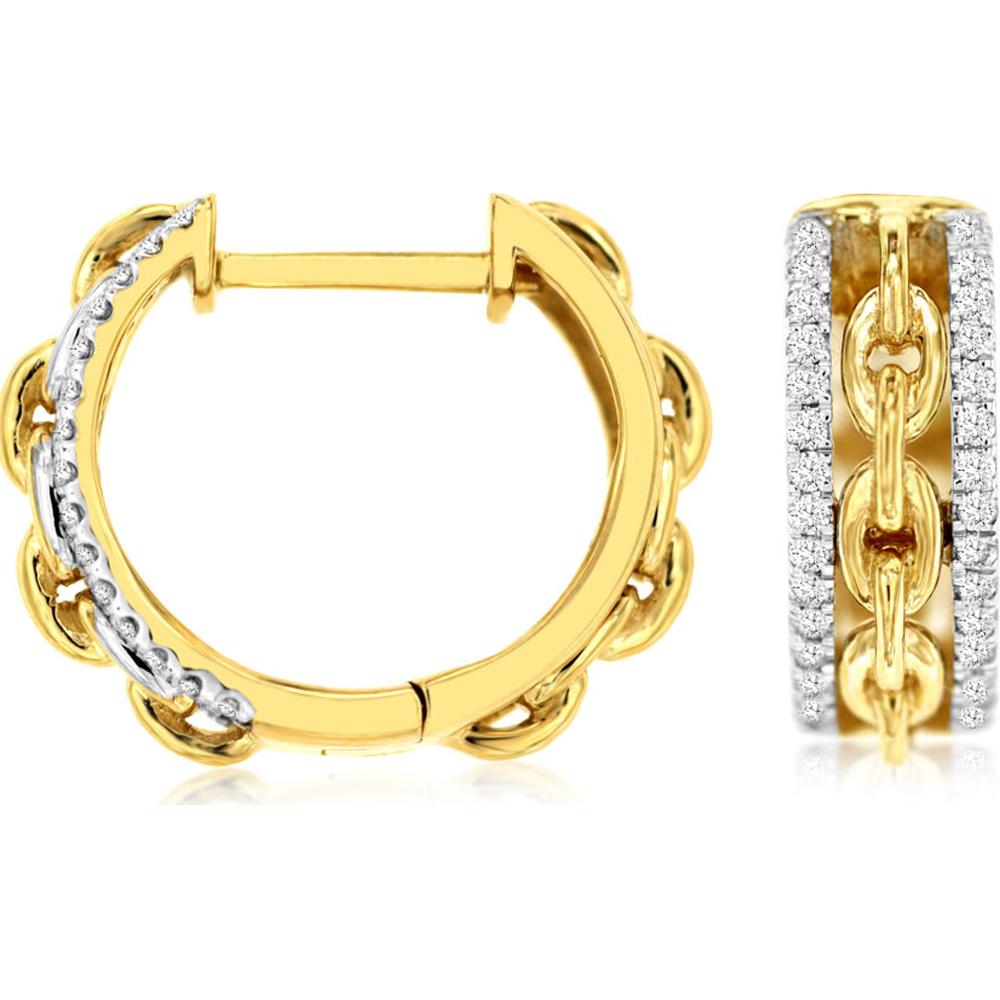 14K Yellow Gold Chain Link Medium Hoop Earrings with Pavé Set Round Diamonds - 0.33 Carat Total Diamond Weight - Royal Jewelry