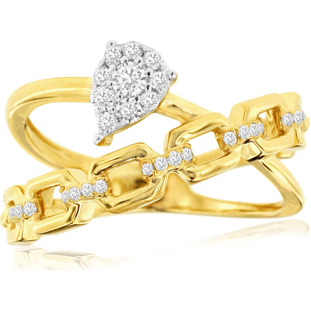 14K Yellow Gold Chain-Link Ring with Pear-Shaped Cluster of Round Diamonds - 0.23 Carat Total Diamond Weight - Royal Jewelry