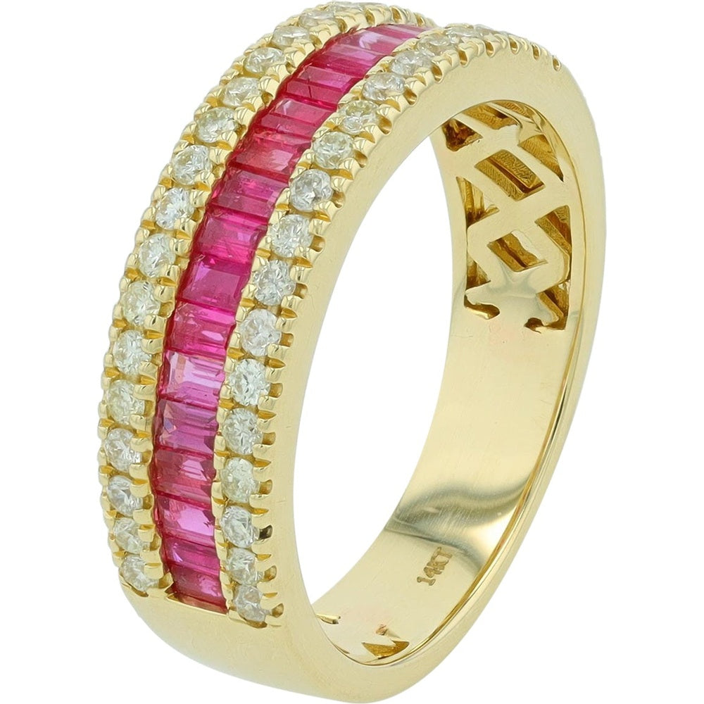 14K Yellow Gold Channel Set Baguette Ruby Band with Milgrain Diamond Borders - 1.10 Carat Total Ruby Weight and 0.43 Carat Total Diamond Weight